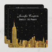 Invitation Gold NYC Skyline Etched Starry Sky SQ Sweet 16 (Devant / Derrière)