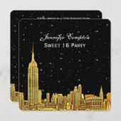Invitation Gold NYC Skyline Etched Starry Sky SQ Sweet 16 (Devant / Derrière)