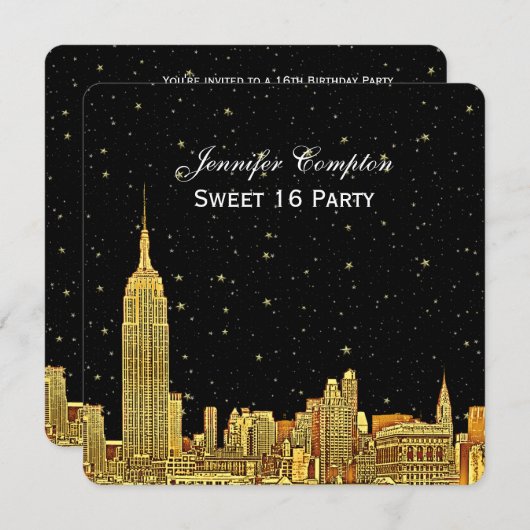 Invitation Gold NYC Skyline Etched Starry Sky SQ Sweet 16 (Devant / Derrière)