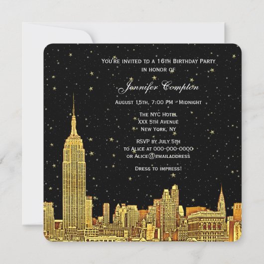 Invitation Gold NYC Skyline Etched Starry Sky SQ Sweet 16 (Dos)