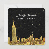 Invitation Gold NYC Skyline Etched Starry Sky SQ Sweet 16 (Devant)