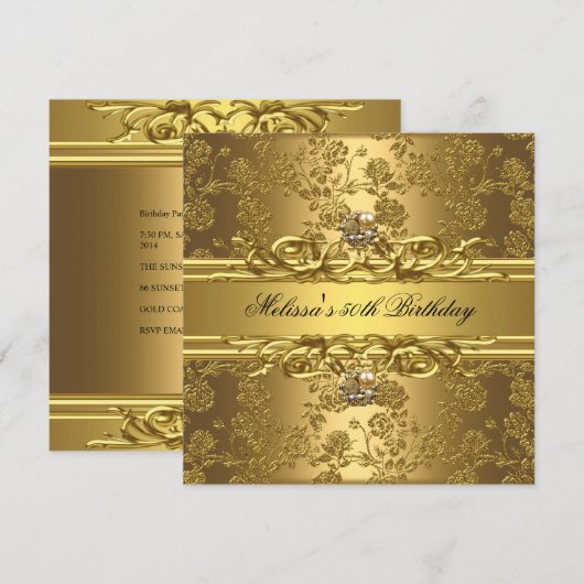 Invitation Gold On Gold 50th Birthday Party Bijoux Floral (Devant / Derrière)