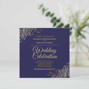 Invitation Gold on Navy Simple Elegant Carré Mariage