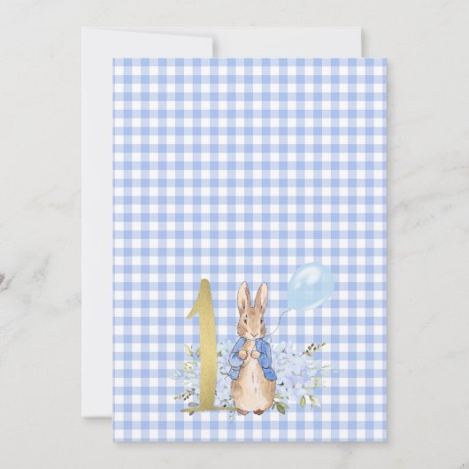 Invitation Gold One Blue Floral Peter Rabbit 1er anniversaire (Dos)