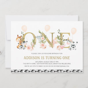 Invitation Gold One Fleurs Animaux de la Ferme 1er Anniversai