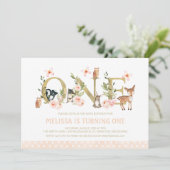 Invitation Gold One Floral Bois Animaux 1er Anniversaire (Debout devant)