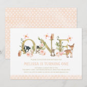 Invitation Gold One Floral Bois Animaux 1er Anniversaire (Devant / Derrière)