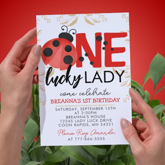 Invitation Gold One Lucky Lady Aquarelle Ladybug Anniversaire