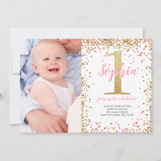 Invitation Gold One Parties scintillant Rose Girl photo premi (Devant)