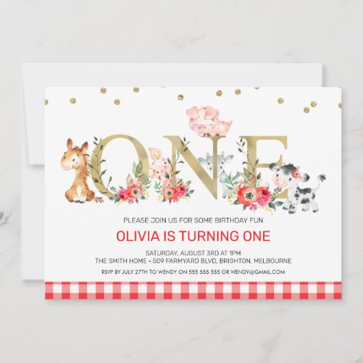 Invitation Gold One Red Plaid Farm Animaux 1er anniversaire (Devant)