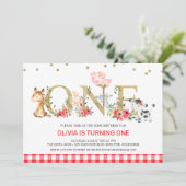 Invitation Gold One Red Plaid Farm Animaux 1er anniversaire (Debout devant)