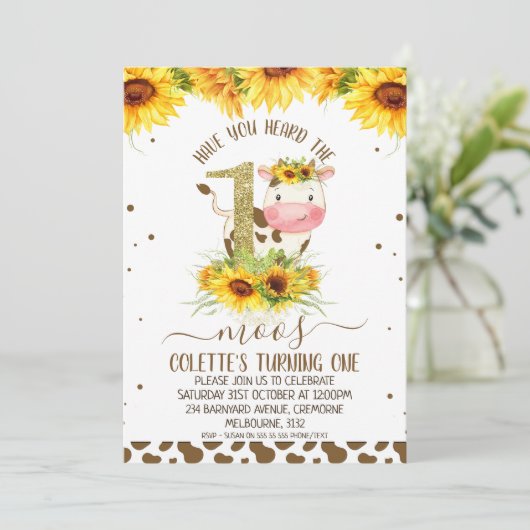 Invitation Gold One Sunflower Vache Brown Imprimer 1er annive (Debout devant)