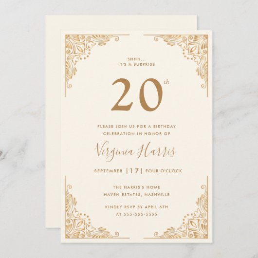 Invitation Gold Ornate Border Cream Vingt-vingtième anniversa (Devant / Derrière)
