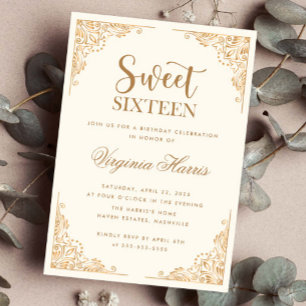 Invitation Gold Ornate bordure crème Sweet sixteen 16 Anniver