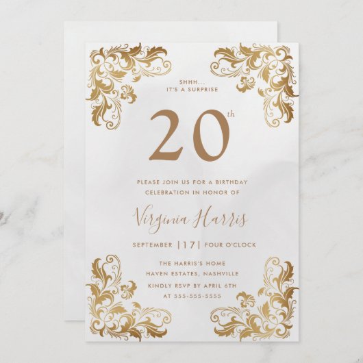 Invitation Gold Ornate Corner Cream Vingt-vingtième anniversa (Devant / Derrière)