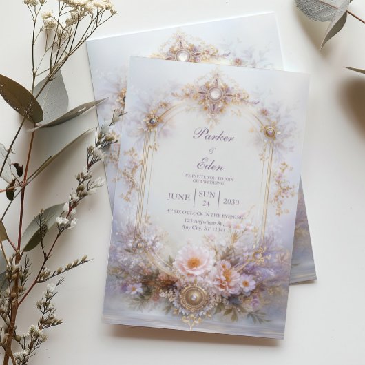 Invitation Gold Oval Frame Blush Floral Jewel Elegant Wedding