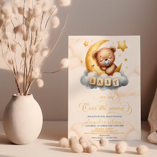 Invitation Gold Over the Moon Teddy Bear Baby shower