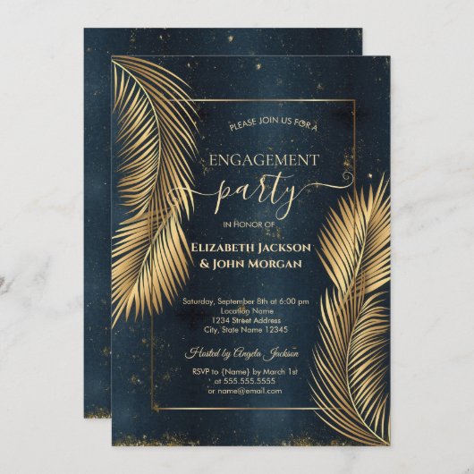 Invitation Gold Palm Feuille Beach Fiançailles (Devant / Derrière)