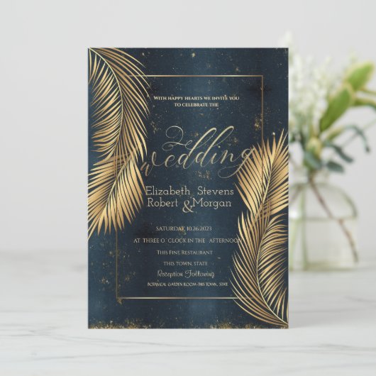 Invitation Gold Palm Feuille Beach Wedding (Debout devant)