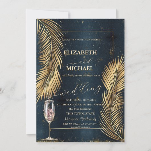 Invitation Gold Palm Feuille Plage Champagne Mariage en verre (Devant)