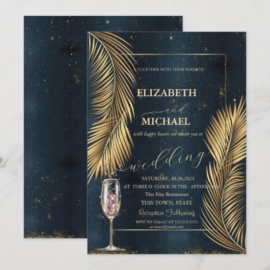 Invitation Gold Palm Feuille Plage Champagne Mariage en verre (Devant / Derrière)