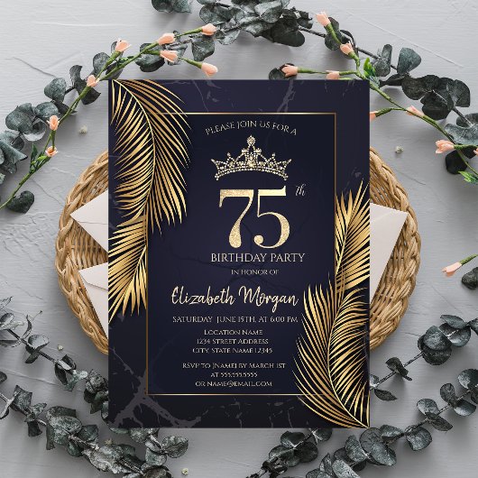 Invitation Gold Palm Marbre Feuille 75e anniversaire