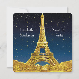 Invitation Gold Paris Skyline #2 Blue Starry Sweet 16 SQ