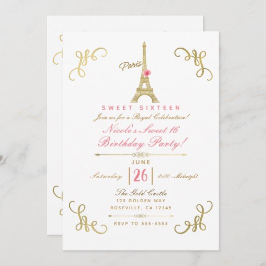 Invitation Gold Paris Tour Eiffel Rose rose douce 16 Partie (Devant / Derrière)