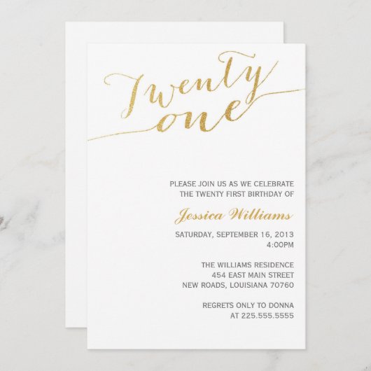 Invitation Gold Parties scintillant 21e fête d'anniversaire (Devant / Derrière)