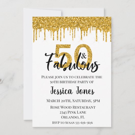 Invitation Gold Parties scintillant 50 et Fabulous Fifty fête (Devant)