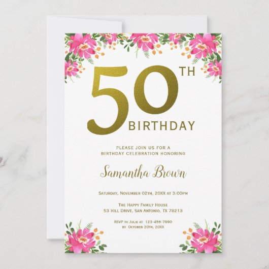 Invitation Gold Parties scintillant 50e anniversaire Floral r (Devant)
