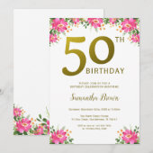 Invitation Gold Parties scintillant 50e anniversaire Floral r (Devant / Derrière)