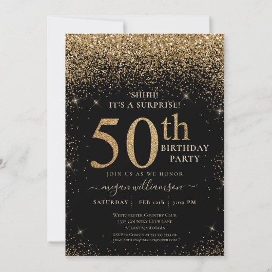 Invitation Gold Parties scintillant 50e Surprise Anniversaire (Devant)