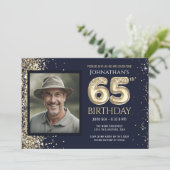 Invitation Gold Parties scintillant Blue Photo 65th Birthday  (Debout devant)