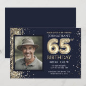 Invitation Gold Parties scintillant Blue Photo 65th Birthday  (Devant / Derrière)