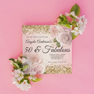 Invitation Gold Parties scintillant Blush rose Floral 50 & Fa