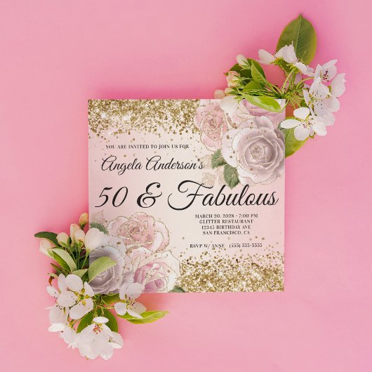 Invitation Gold Parties scintillant Blush rose Floral 50 & Fa