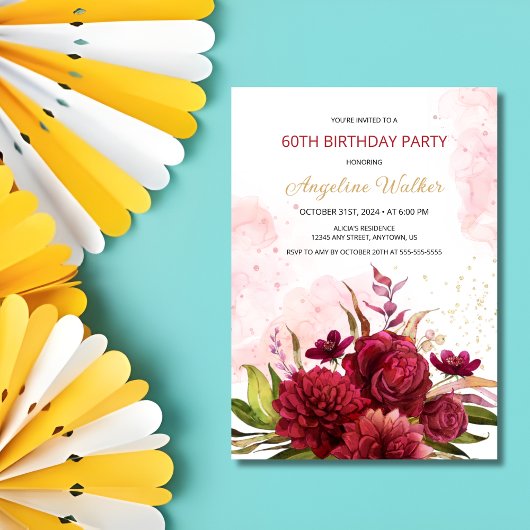 Invitation Gold Parties scintillant Bourgogne Dahlia Rose Flo