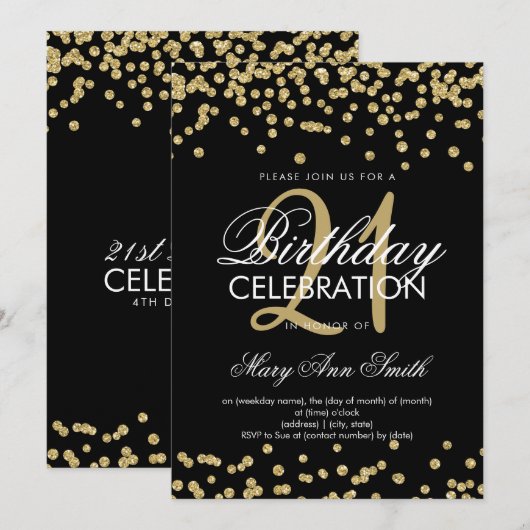 Invitation Gold Parties scintillant Confetti Black 21st Birth (Devant / Derrière)