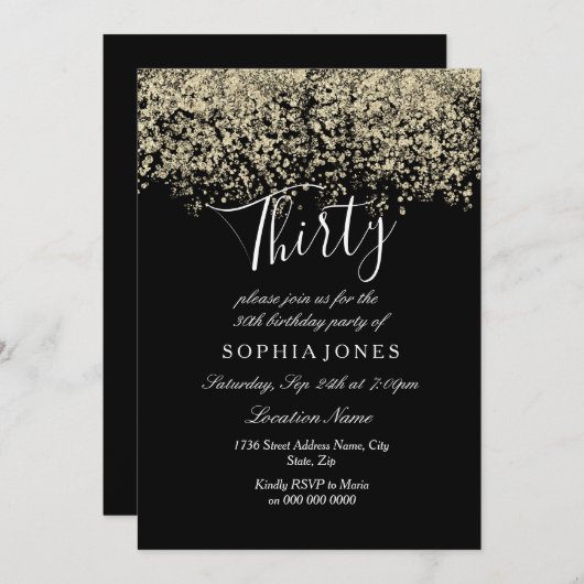 Invitation Gold Parties scintillant Confetti Black 30e annive (Devant / Derrière)