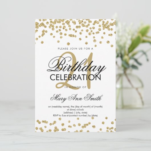 Invitation Gold Parties scintillant Confetti White 21e annive (Debout devant)