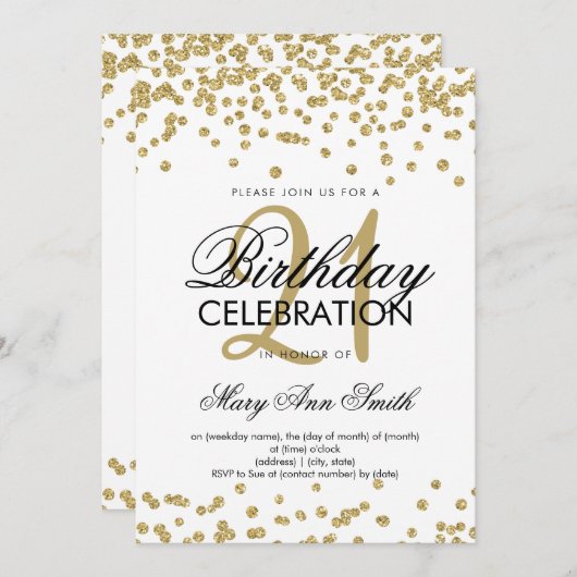 Invitation Gold Parties scintillant Confetti White 21e annive (Devant / Derrière)