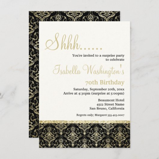 Invitation Gold Parties scintillant Damask 70e fête d'anniver (Devant / Derrière)