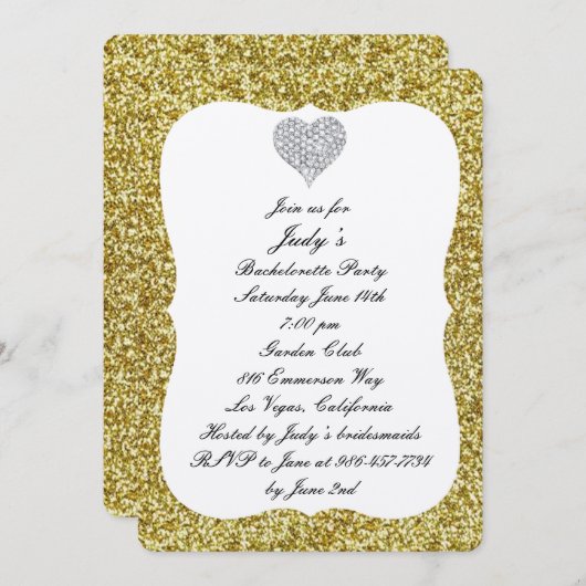 Invitation Gold Parties scintillant Diamond Heart Bachelorett (Devant / Derrière)