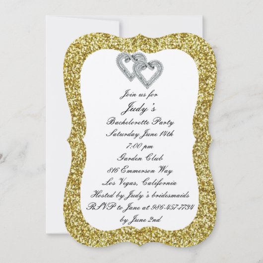 Invitation Gold Parties scintillant Diamond Hearts Bacheloret (Devant)