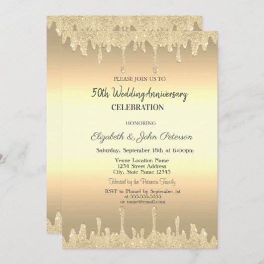 Invitation Gold Parties scintillant Drives Gold Mariage Anniv (Devant / Derrière)