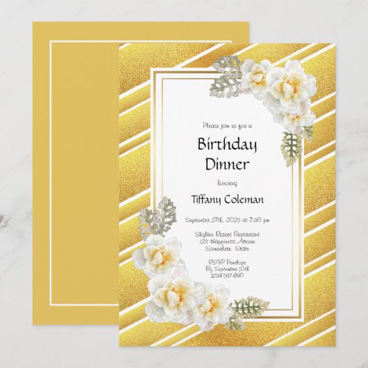 Invitation Gold Parties scintillant Floral Anniversaire Dîner (Devant / Derrière)