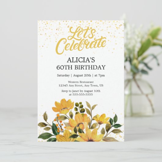 Invitation Gold Parties scintillant Jaune Floral fête d'anniv (Debout devant)