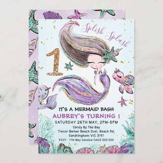 Invitation Gold Parties scintillant One Purple Mermaid 1er an (Devant / Derrière)