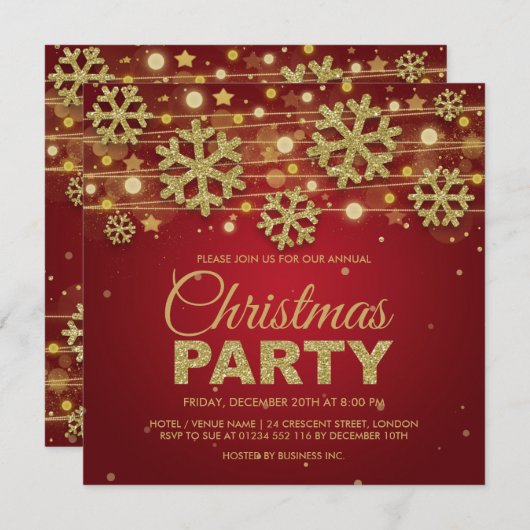 Invitation Gold Parties scintillant & Red Corporate Christmas (Devant / Derrière)